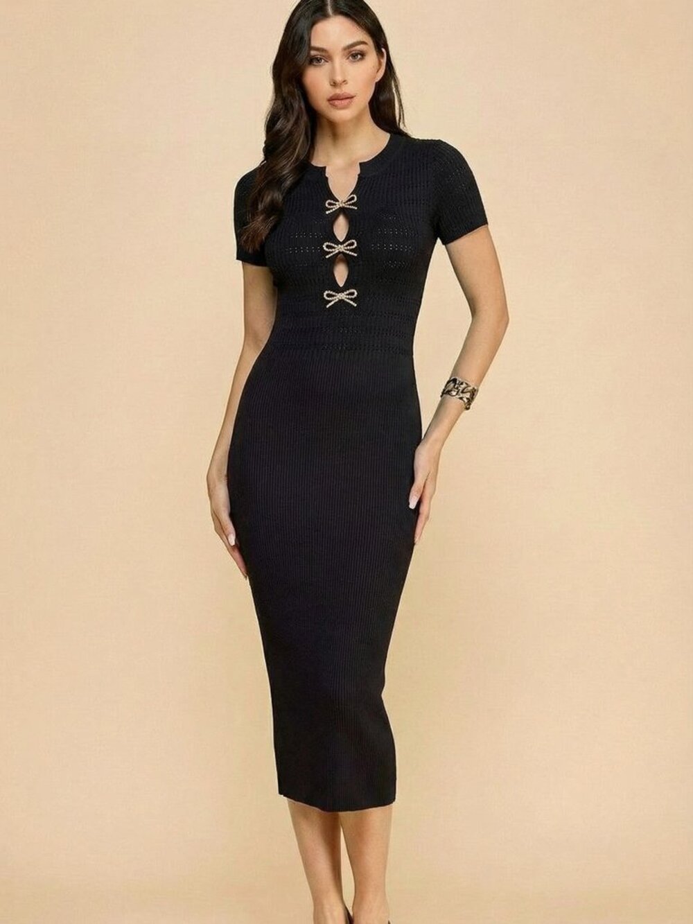 Gold Bow Trim Cap Slv Bodycon Midi Dress